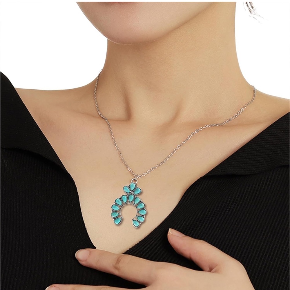 Silver Faux Turquoise Pendant Western Boho Naja Squash Blossom Necklace